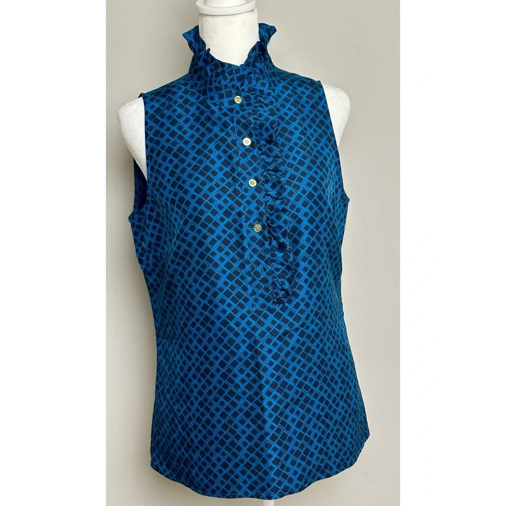 Tory‎ Burch Blue Black Geometric Ruffle Collar Sleeveless 100% Silk Blouse-Sz 8